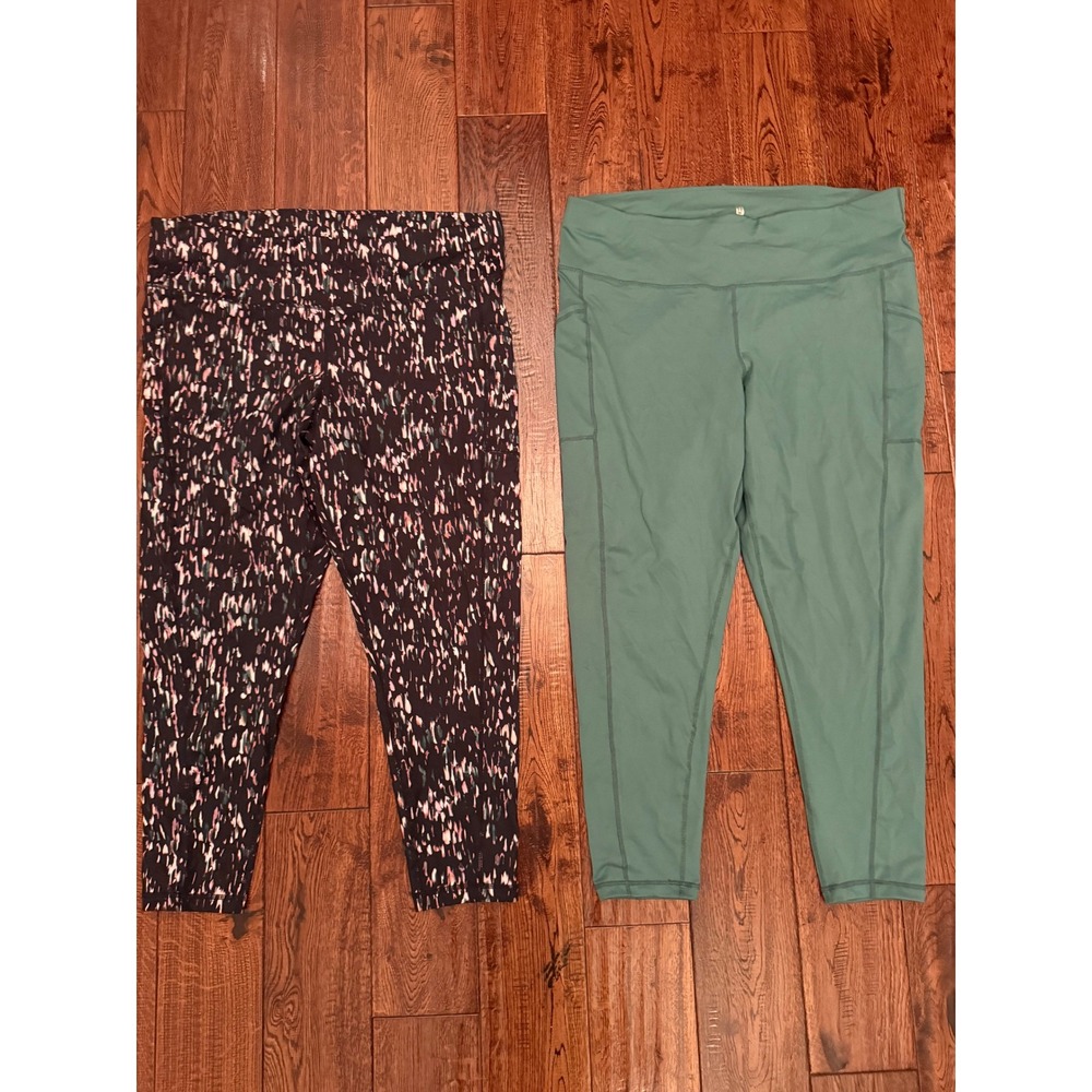 Ideology Womens 2X Leggings Lot 2 Sage Green Abstract Print Activewear Pockets